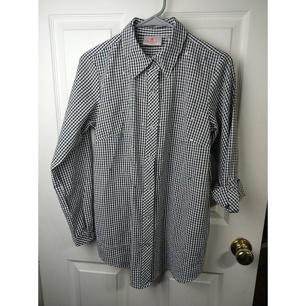 Quacker Factory Woman XXS Shirt Black White Checked Rhinestone Seer Sucker Long